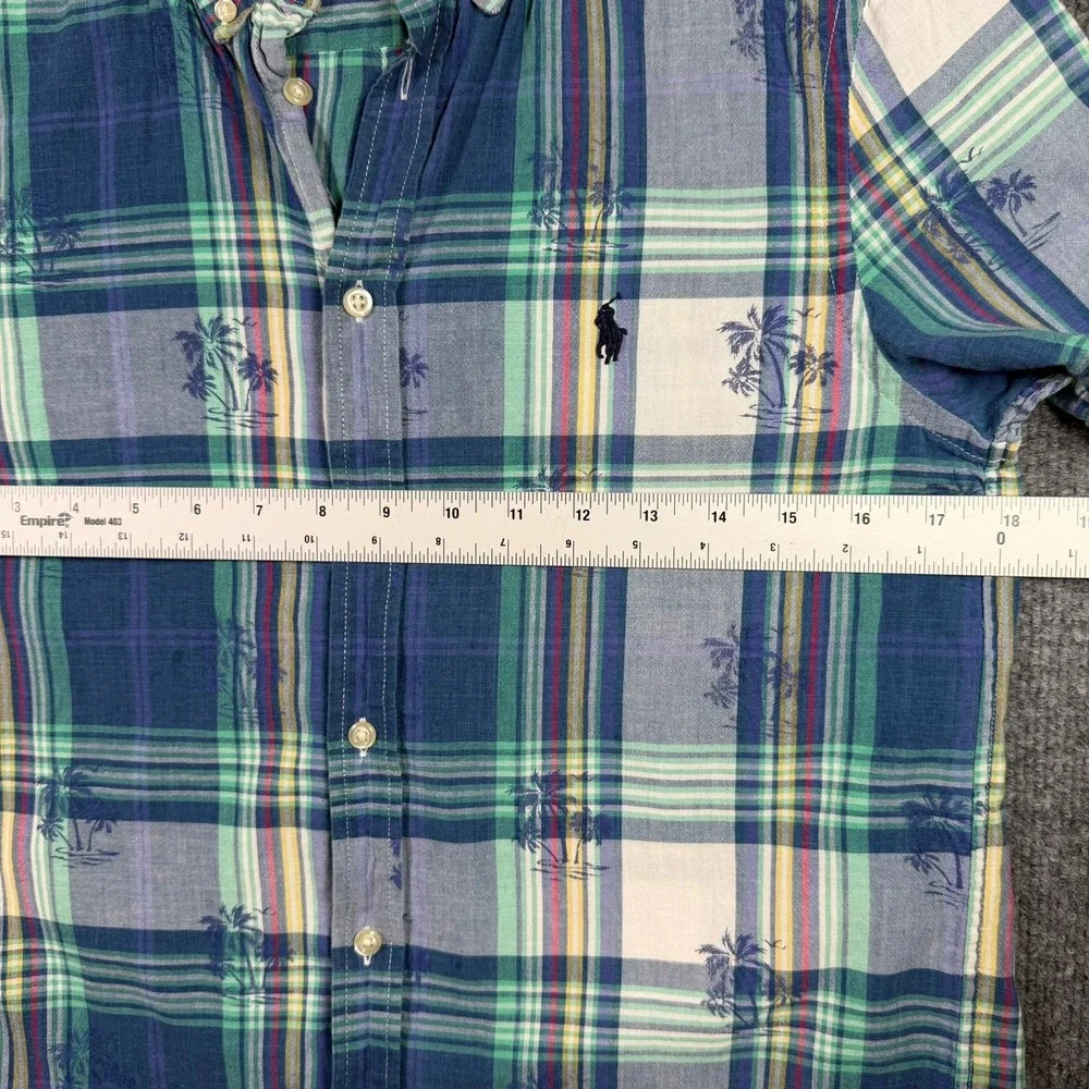 Ralph Lauren Button Down Boy L 14-16 Blue Green Plaid Palm Tree Short Sleeve